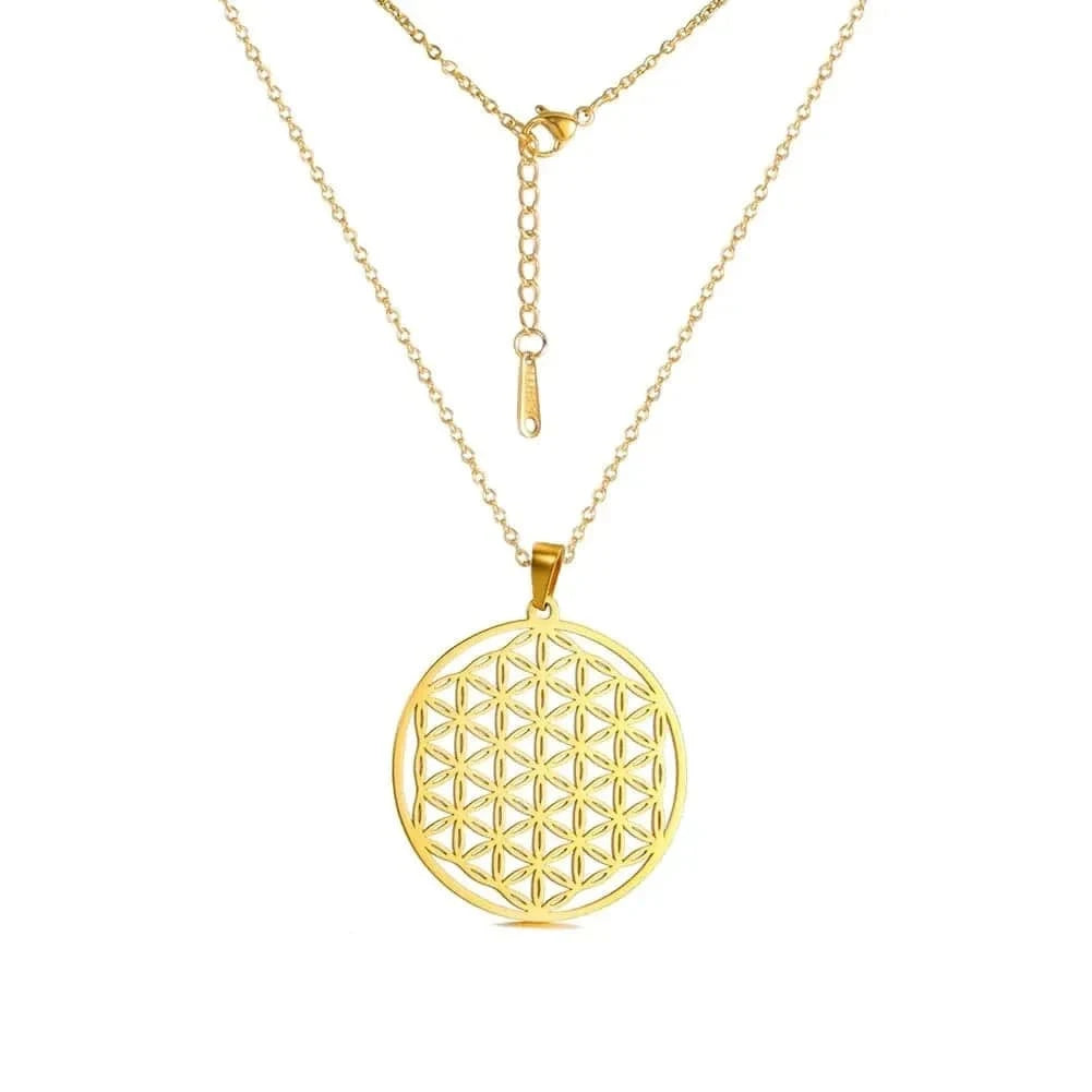 Gold necklace with a geometric pendant on a white background
