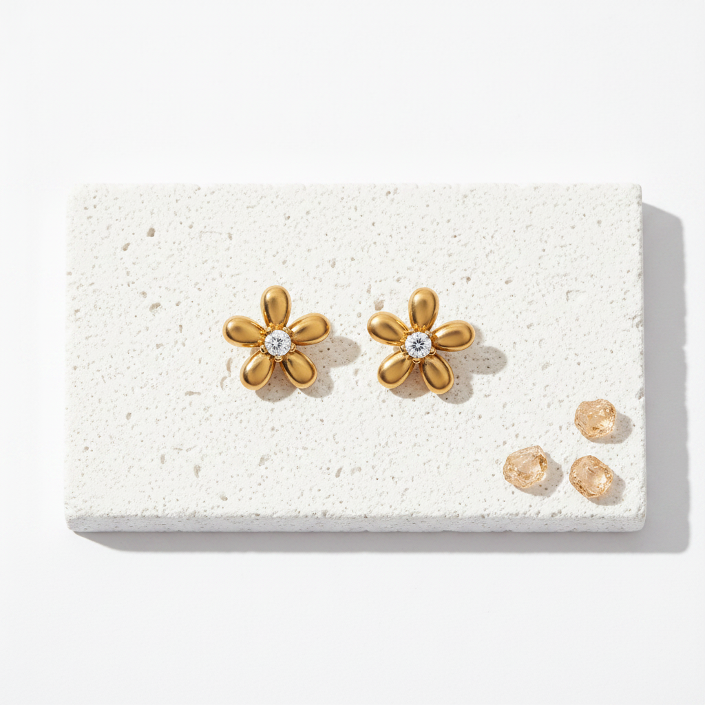 18K PVD gold flower stud earrings on stainless steel posts