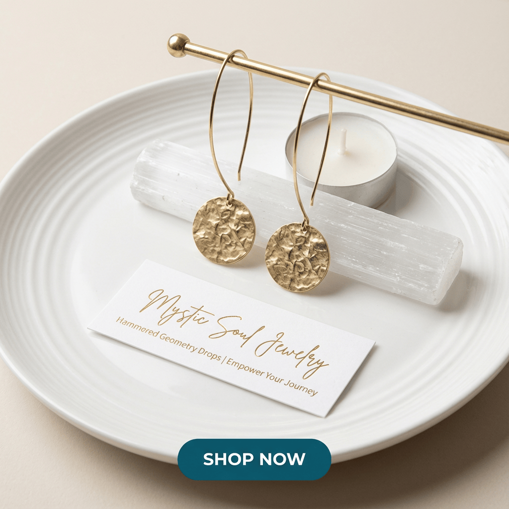Gold earrings on a white plate with a 'Mystic Soul Jewelry' card and a 'Shop Now' button.