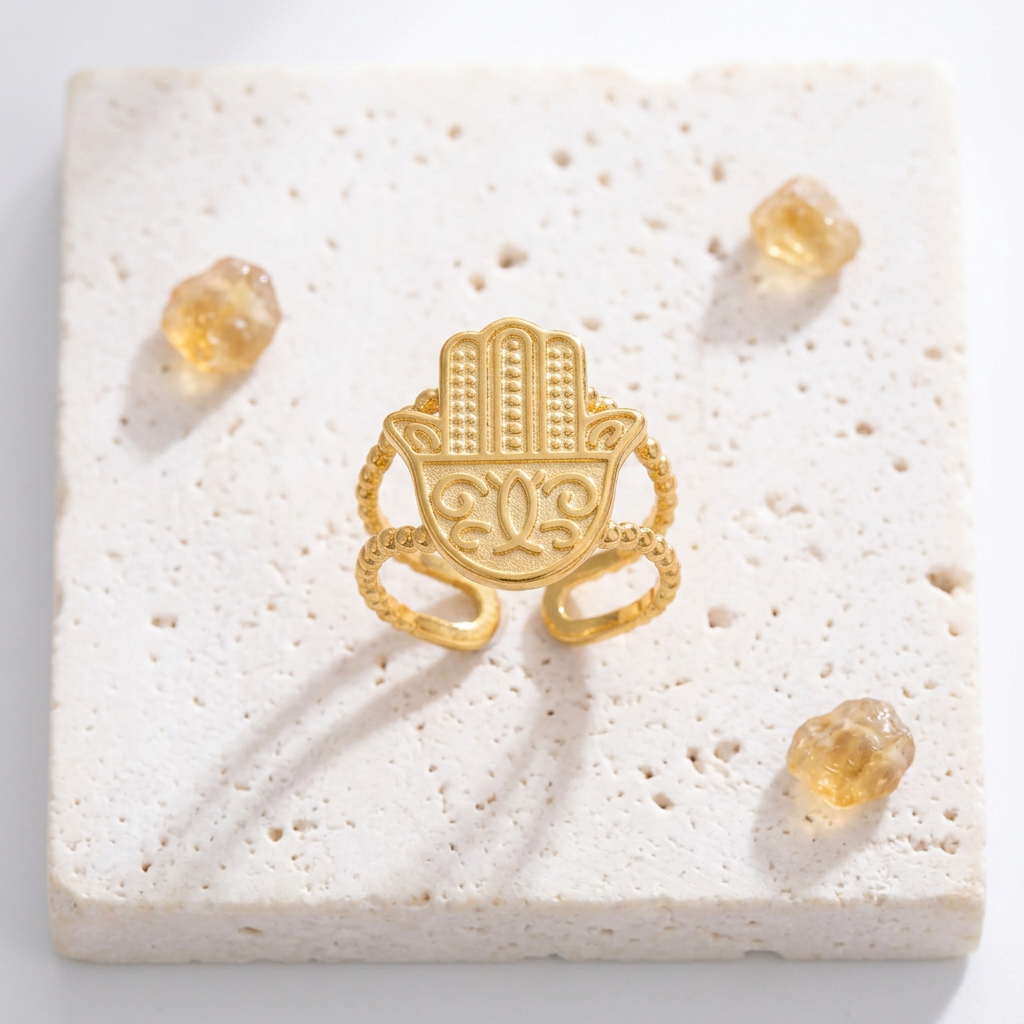 Gold hamsa hand adjustable ring, protection symbol jewelry