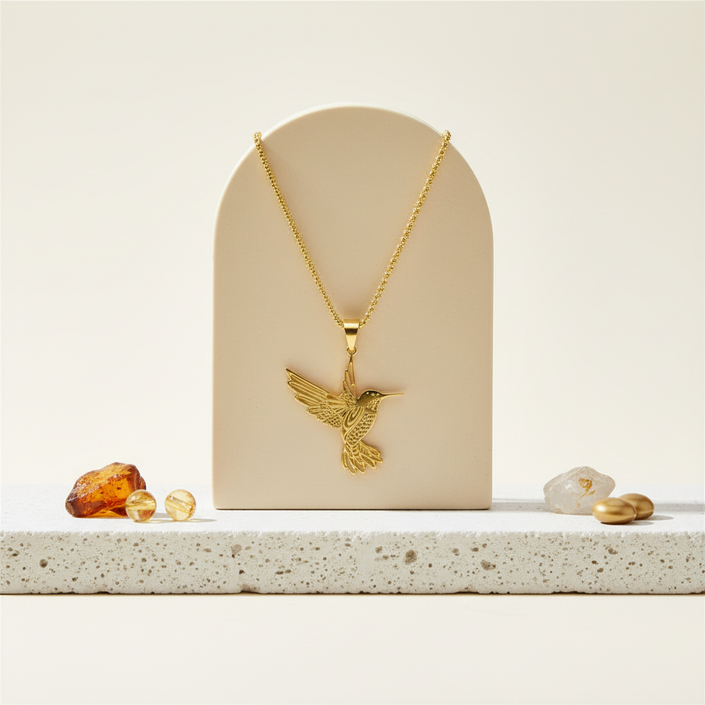 Gold hummingbird in flight pendant necklace on a long chain — spirit animal jewelry