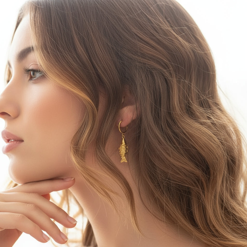 Close-up of a person wearing a gold fish-shaped earring with a neutral background
