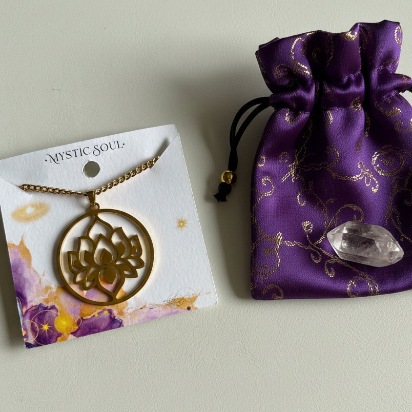 Gold lotus flower medallion necklace with Mystic Soul Jewelry gift bag