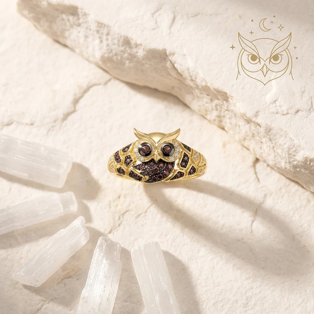 Gold owl-shaped ring with embedded stones on a textured white surface
