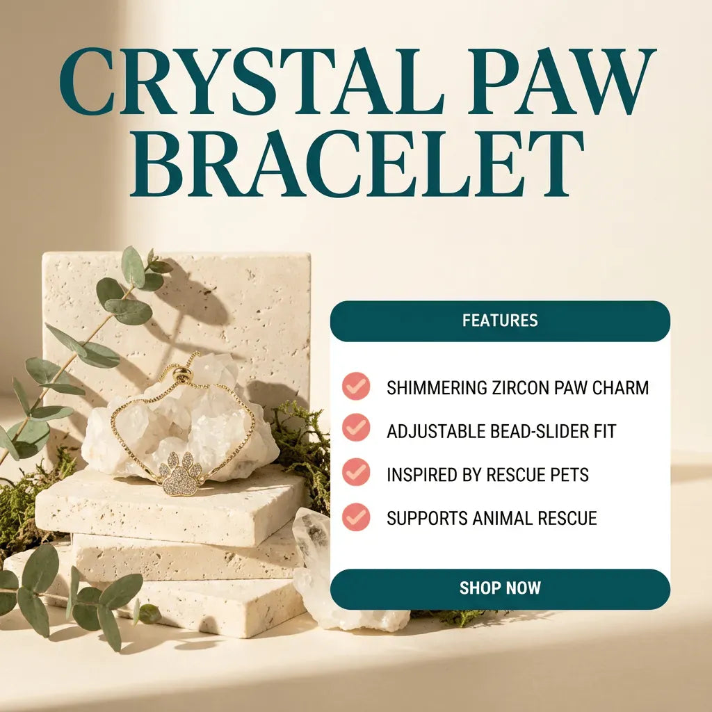 Crystal paw bracelet with features listed on a beige background