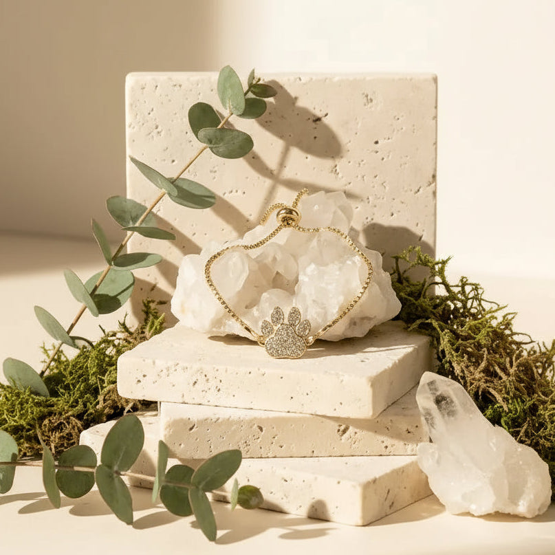 Crystal paw bracelet with features listed on a beige background