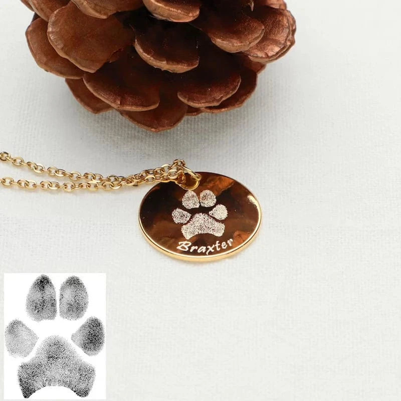 Gold necklace with paw print pendant and pine cone on a white background