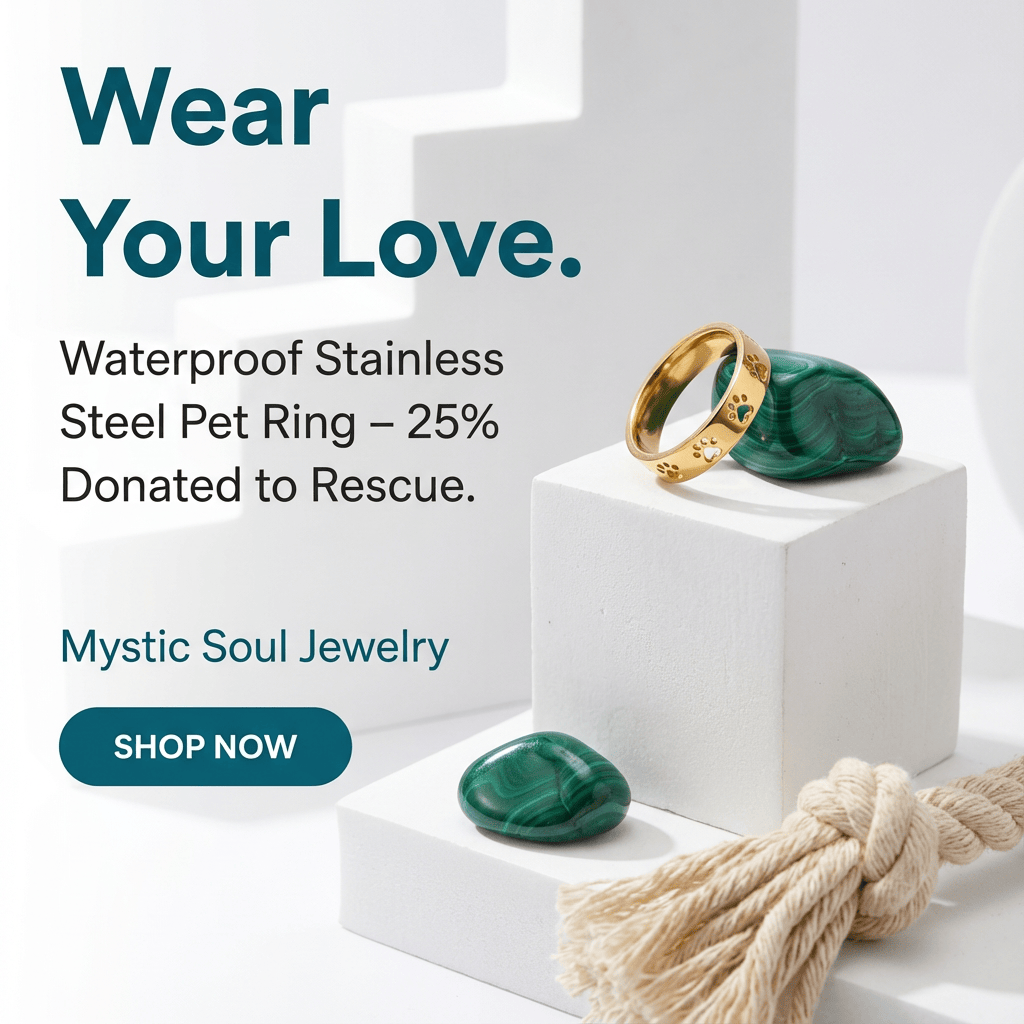 Gold ring with green stone on a white block, with promotional text about waterproof stainless steel pet ring and donation to rescue.