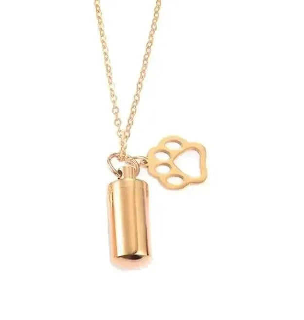 Gold necklace with a cylindrical pendant and paw-shaped charm on a white background