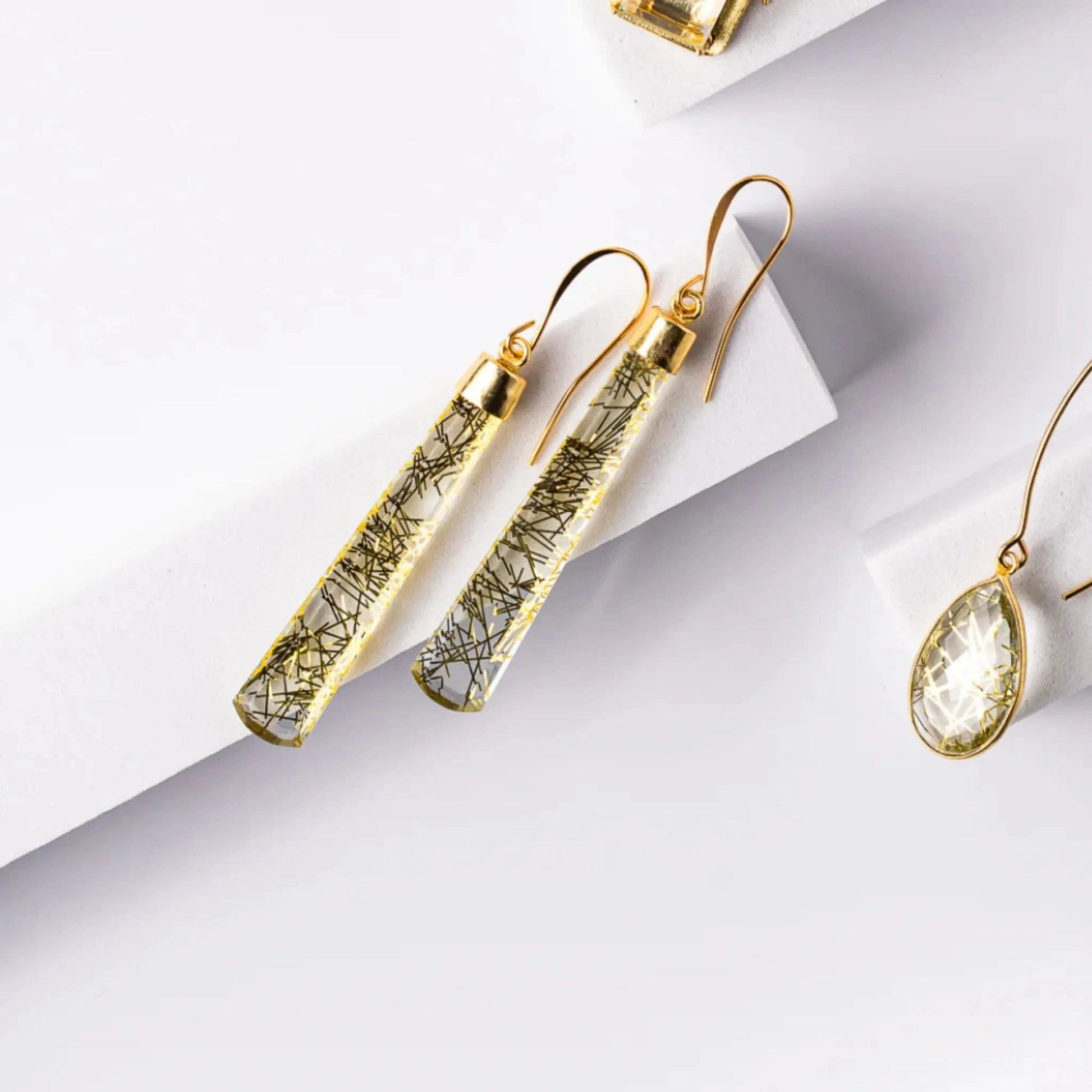 gold pendulum rutile quartz earrings