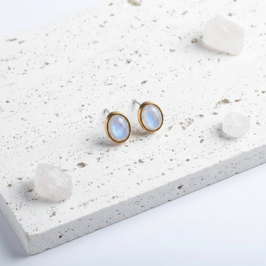 Rainbow moonstone oval stud earrings in gold-plated sterling silver — blue-flash gemstone studs