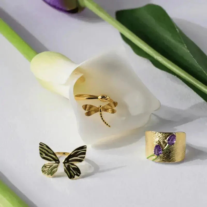 Elegant Brushed Gold Tulip Ring with Faceted Amethyst - Gold Plated Sterling Silver - 