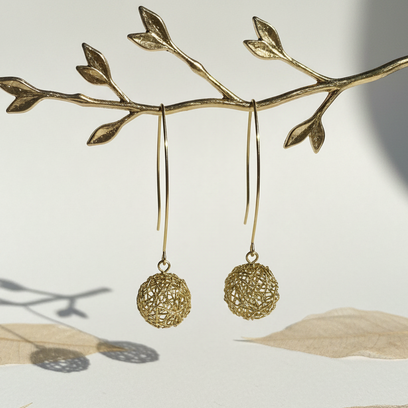 Gold plated circle Global Connection long drop earrings hanging on a display stand
