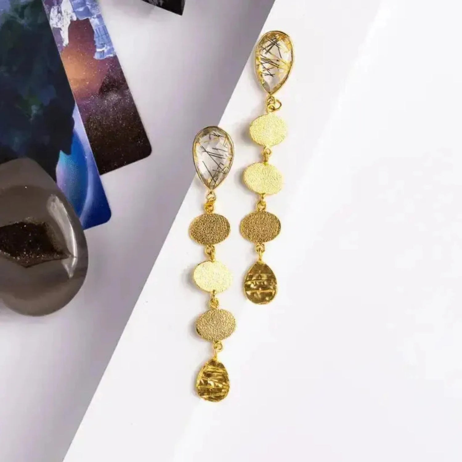 statement cascading gold disc earrings with gold rutile and tarot cards