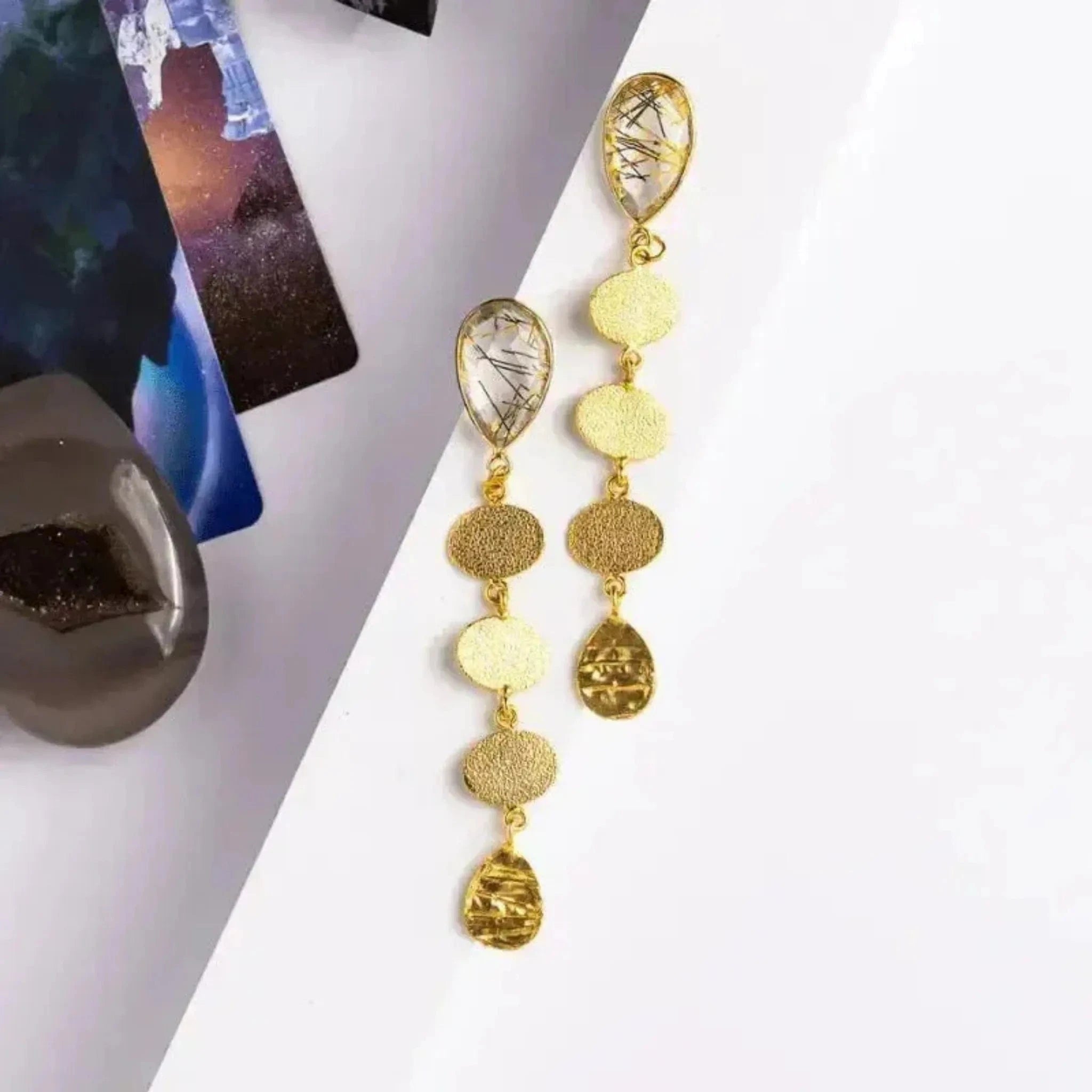 statement cascading gold disc earrings with gold rutile and tarot cards