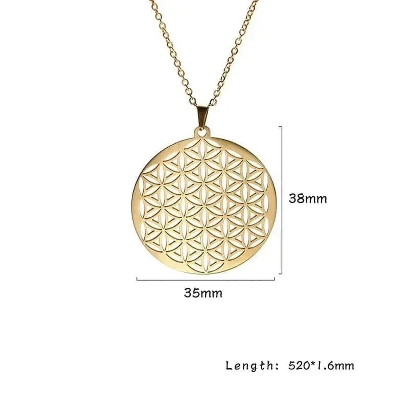 Gold necklace with a geometric pendant and measurements on a white background
