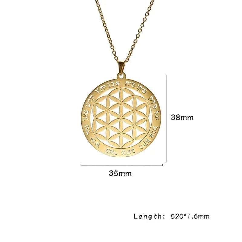 Gold necklace with a circular pendant on a white background
