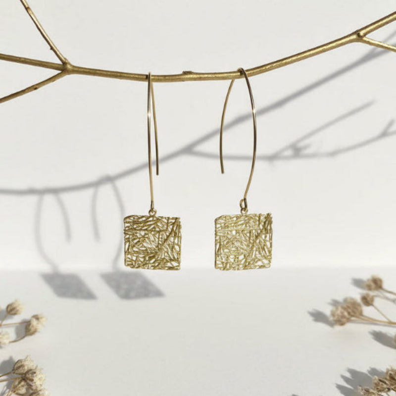 Gold plated square Global Connection long drop earrings, sacred geometry jewelry