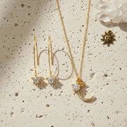 Gold crystal star earrings and crescent moon necklace, celestial jewelry set