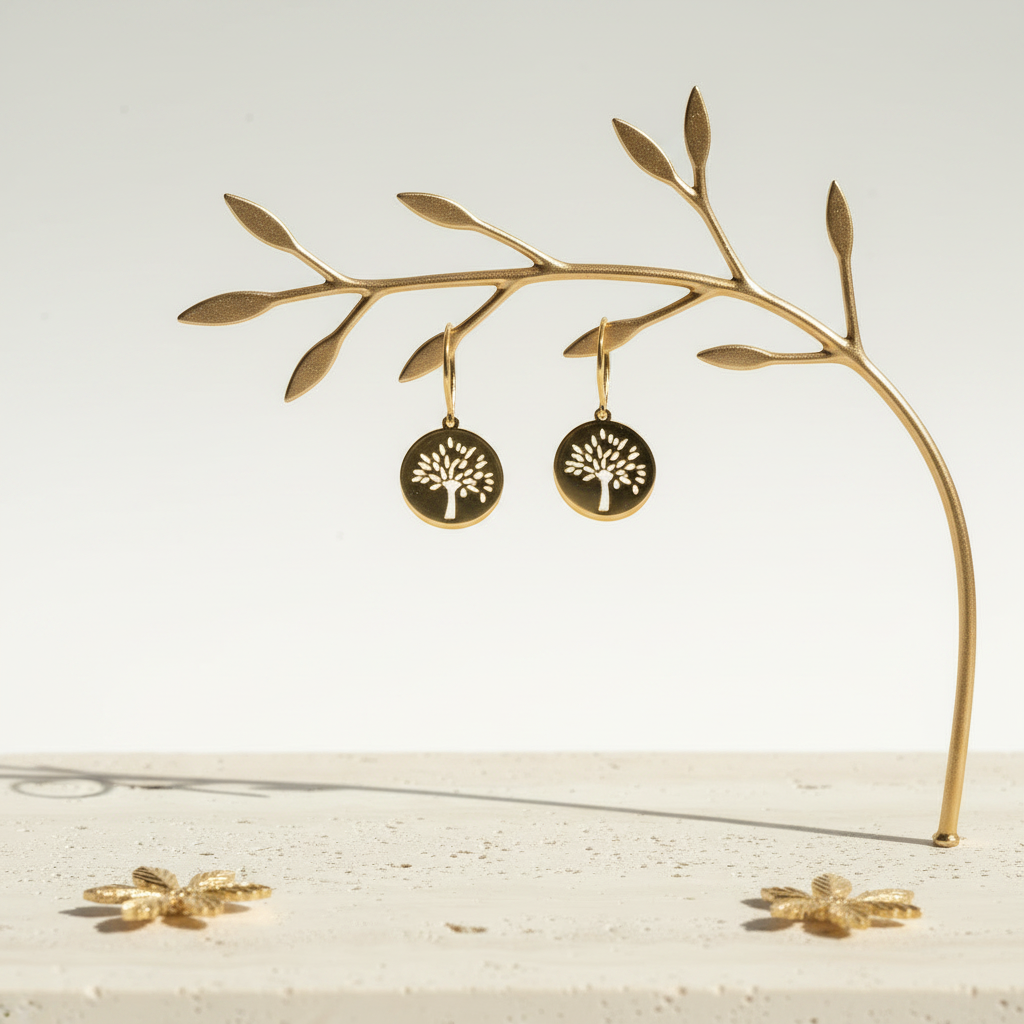 Gold plated tree of life medallion earrings with an open cut-out tree — spiritual symbol jewelry