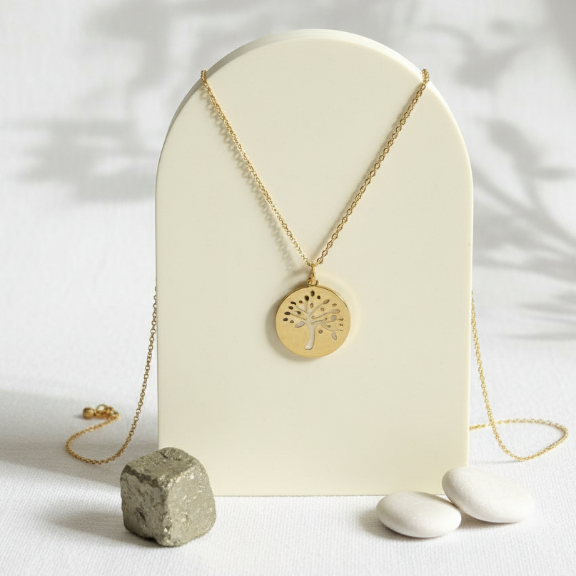 Gold tree of life medallion pendant — open cut-out tree design for growth and roots
