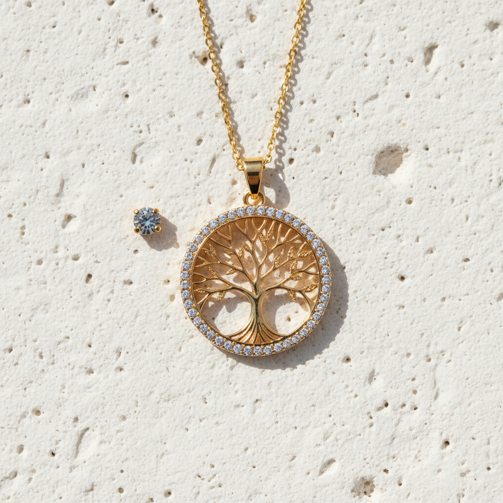 Gold tree of life crystal halo medallion necklace — spiritual symbol jewelry for growth