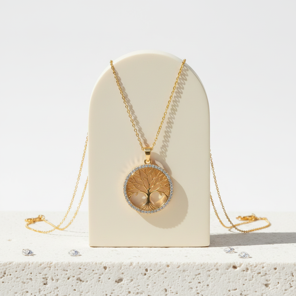 Tree of life medallion ringed with crystals on a gold chain — cut-out tree pendant necklace