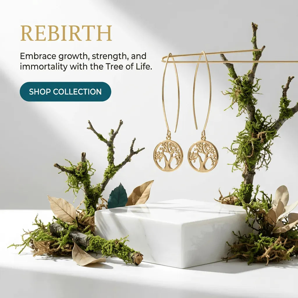 Gold tree-shaped earrings on a decorative stand with natural elements and 'Rebirth' text.