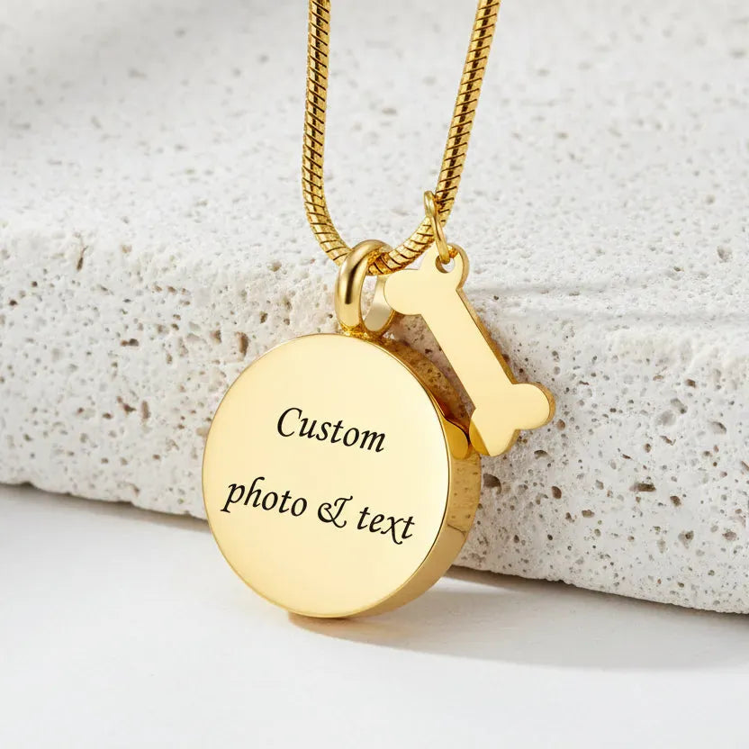 Gold pendant necklace with 'Custom photo & text' engraving on a white background