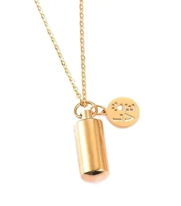Gold necklace with a cylindrical pendant and a round tag on a white background