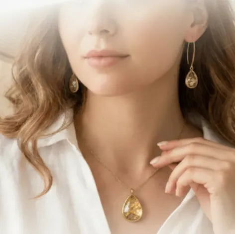 Lab-grown gold rutilated quartz teardrop pendant necklace — golden rutile threads in clear quartz