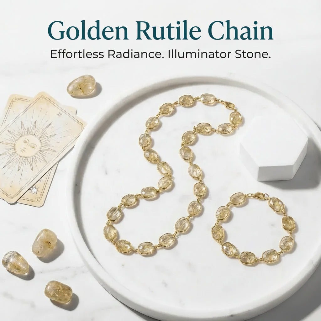 Gold necklace and bracelet set on a marble surface with 'Shop Now' button.