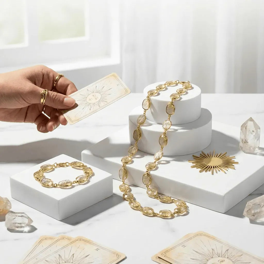 Gold jewelry set on a white surface with a hand holding a card.