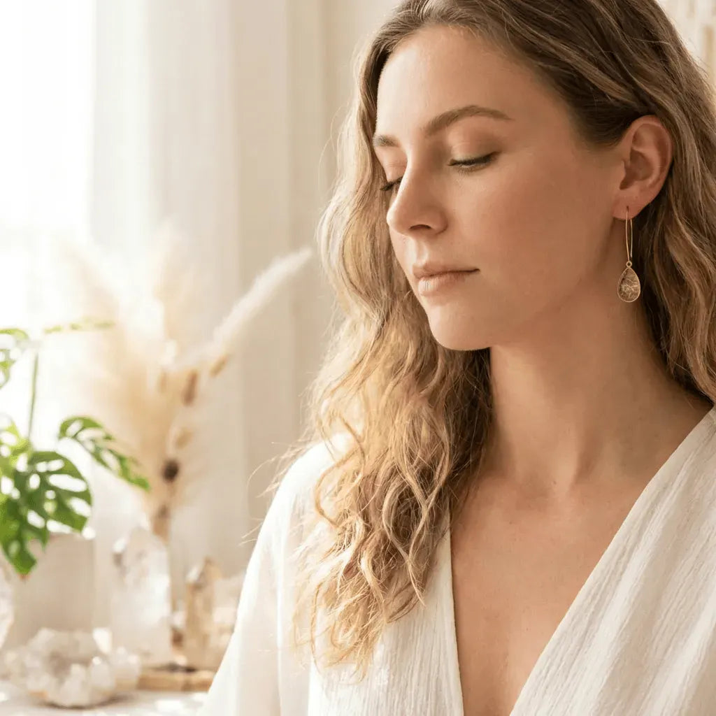 Woman wearing earrings in a softly lit room with plants