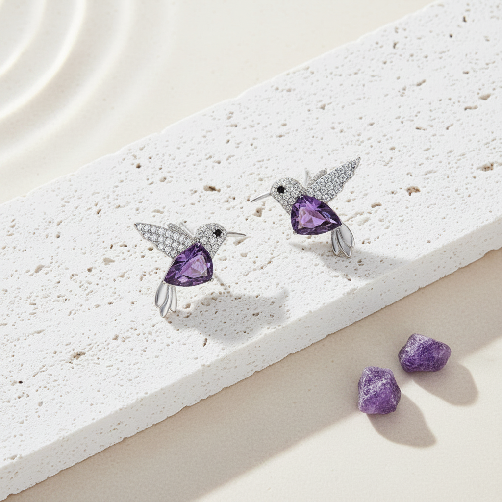 Teal crystal hummingbird stud earrings sterling silver — spirit animal jewelry for joy