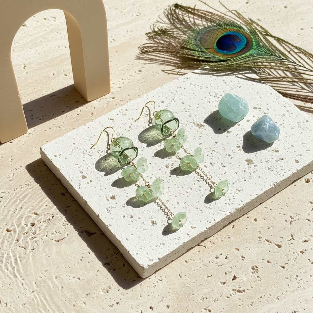 Green glass jellyfish earrings with gold florets, flat lay