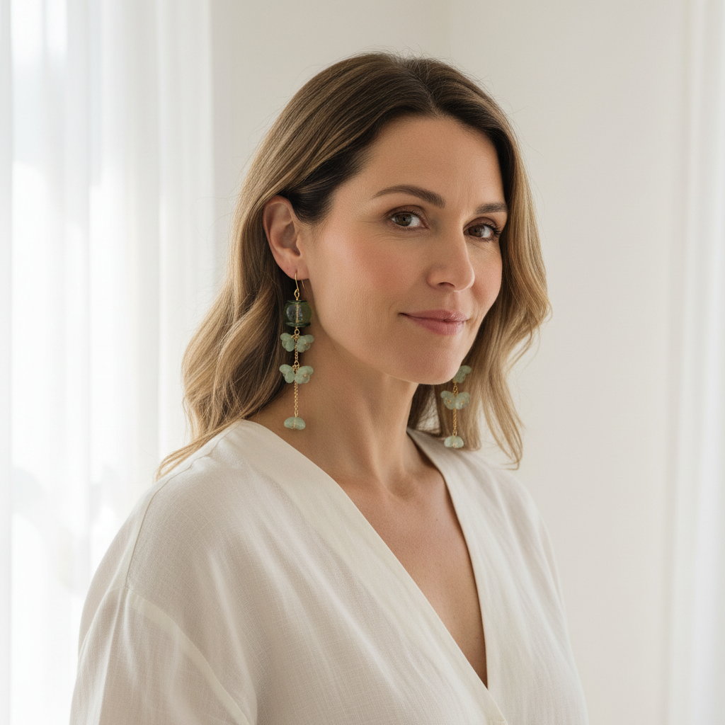 Green glass jellyfish earrings, gold plated, flat lay detail