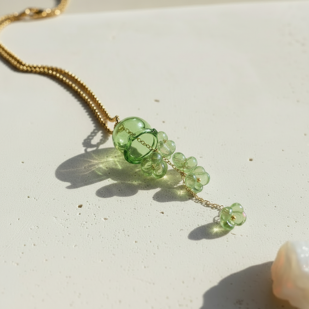 Green glass jellyfish pendant necklace with gold cascading florets
