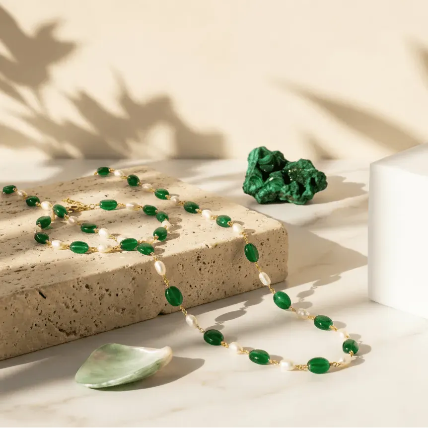 green pearl bracelet necklace set