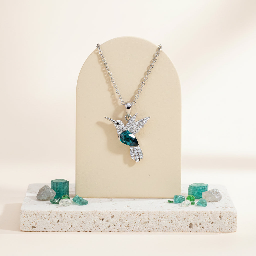 Teal crystal hummingbird pendant necklace in 925 sterling silver — spirit animal jewelry for lightness