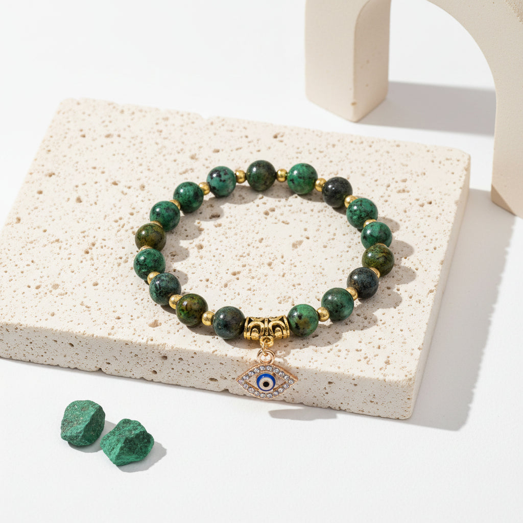 Green turquoise evil eye stretch bracelet on natural stone beads — symbol jewellery for safe passage