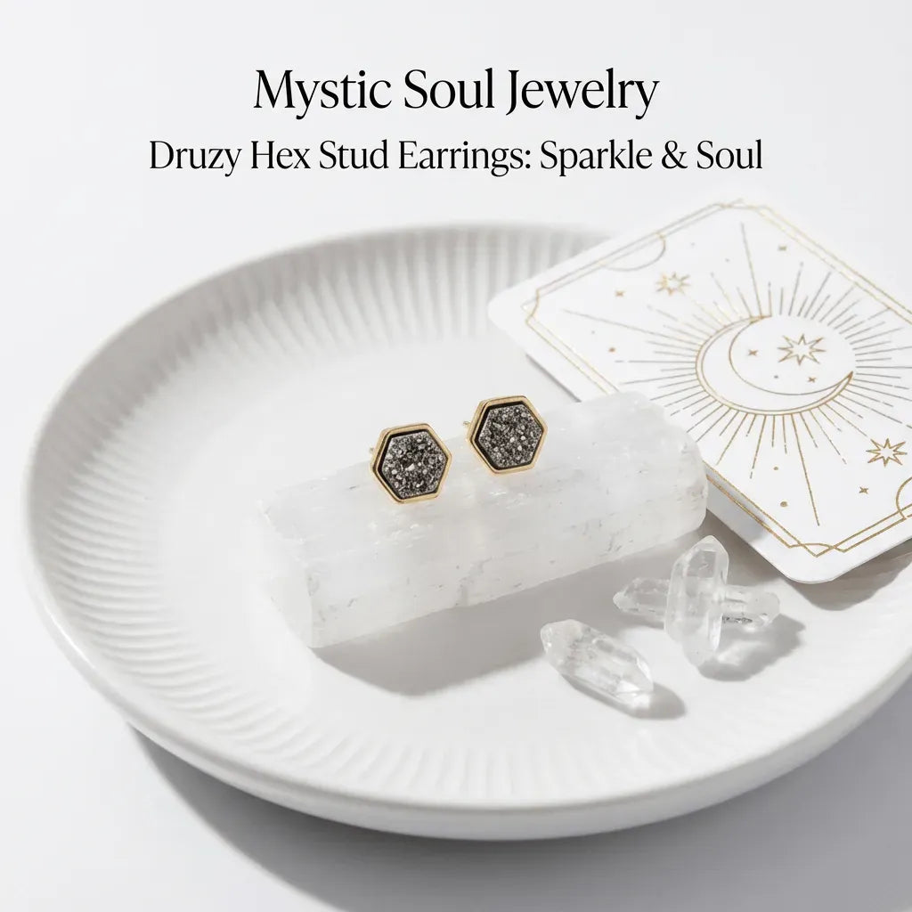 Mystic Soul Jewelry Druzy Hex Stud Earrings on a white dish with crystals and packaging.