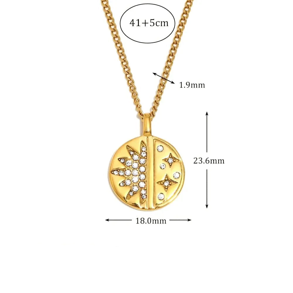Gold necklace with measurements and material details on a white background