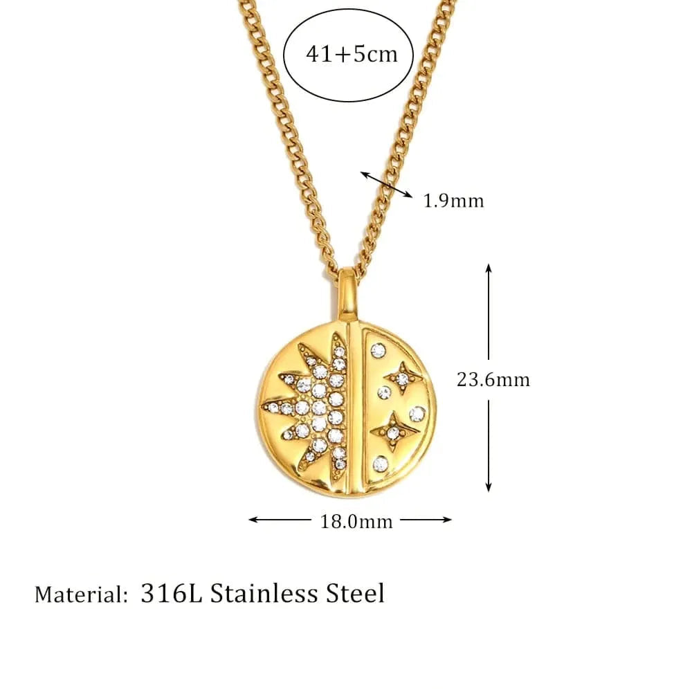 Gold necklace with measurements and material details on a white background