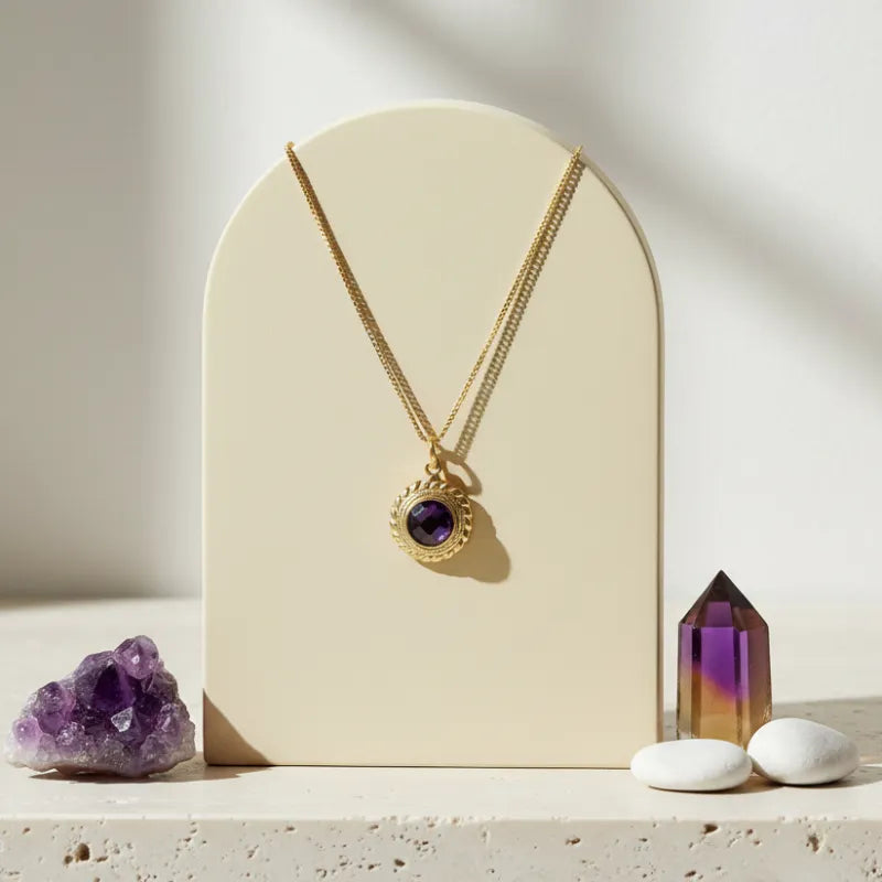 Gold Amethyst Halo pendant necklace with purple hydro quartz in an etched gold ring, February birthstone jewelry