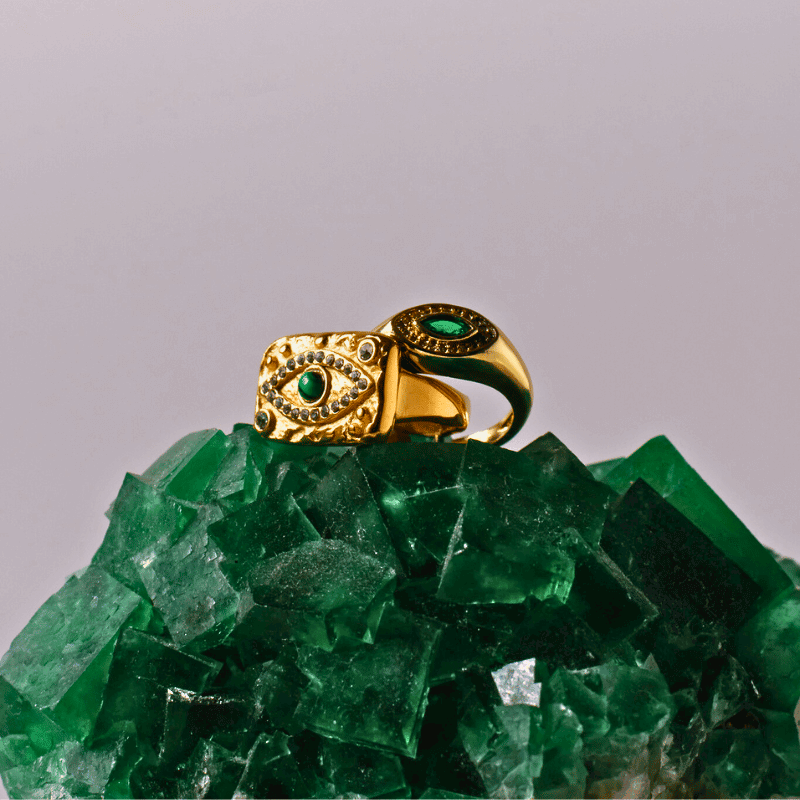 Hammered Gold Evil Eye Ring with Malachite – Waterproof & Tarnish - Free - Mystic Soul Jewelry