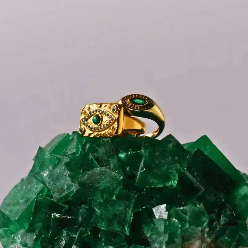 Hammered Gold Evil Eye Ring with Malachite – Waterproof & Tarnish - Free 