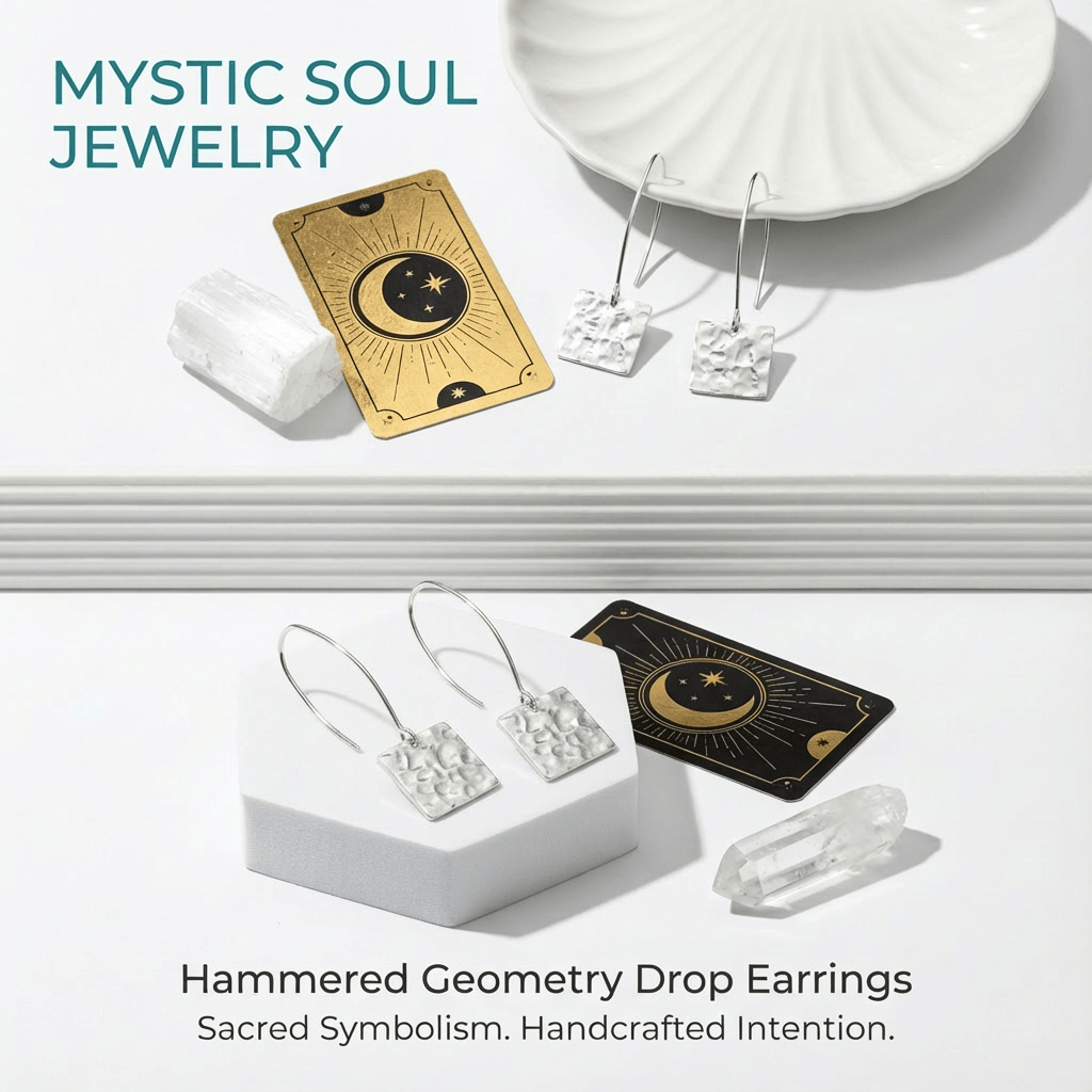 Hammered geometry drop earrings with tarot card design on a white surface, branded as Mystic Soul Jewelry.