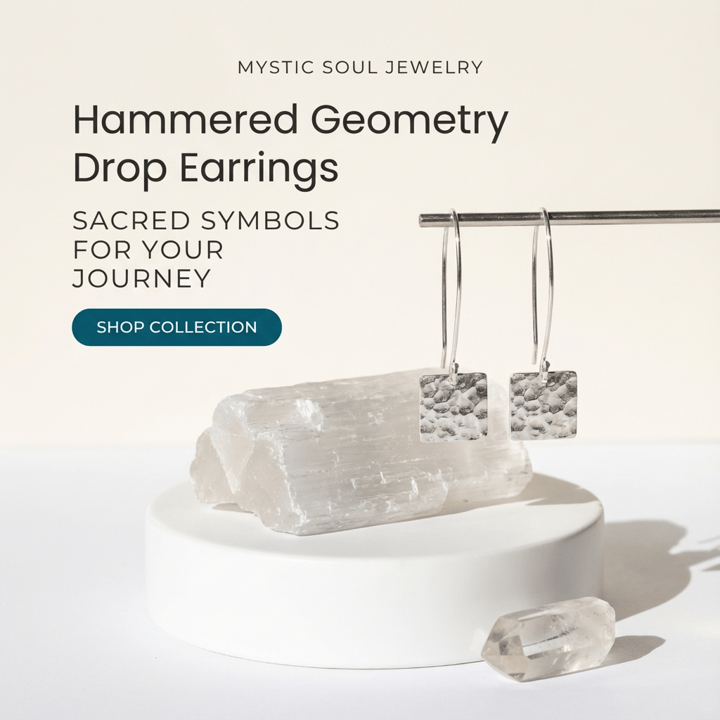 Hammered geometry drop earrings with crystals on a white background, featuring 'Mystic Soul Jewelry' branding.