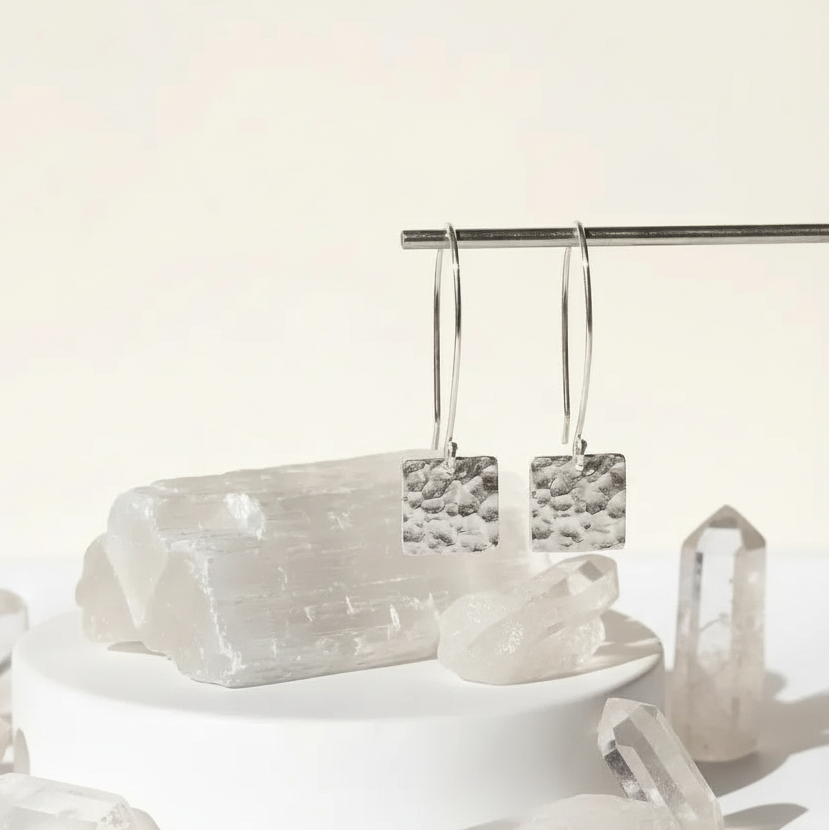 Hammered geometry drop earrings with crystals on a white background, featuring 'Mystic Soul Jewelry' branding.